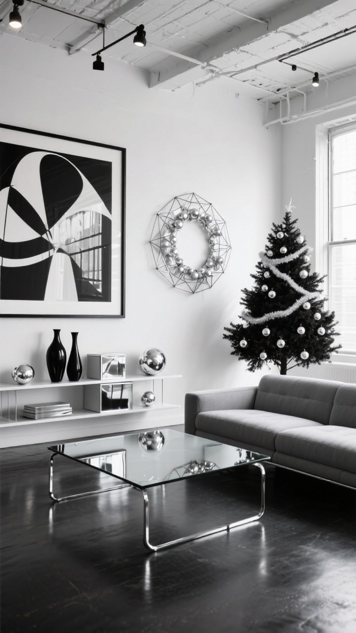 Wide loft view: Modern Silver Art Loft, high-contrast black and white with chrome and polished steel, low-profile cool-gray sofa, glass-top coffee table with chrome legs, oversized abstract black-and-white prints on wall, geometric metal-hoop wreath, minimal black or white tree with all-silver ornaments, no garland for sculptural look, shelving with matte black vases, silver spheres, mirrored boxes, cool daylight white from smart bulbs for gallery feel, crisp reflections, photorealistic, no people.