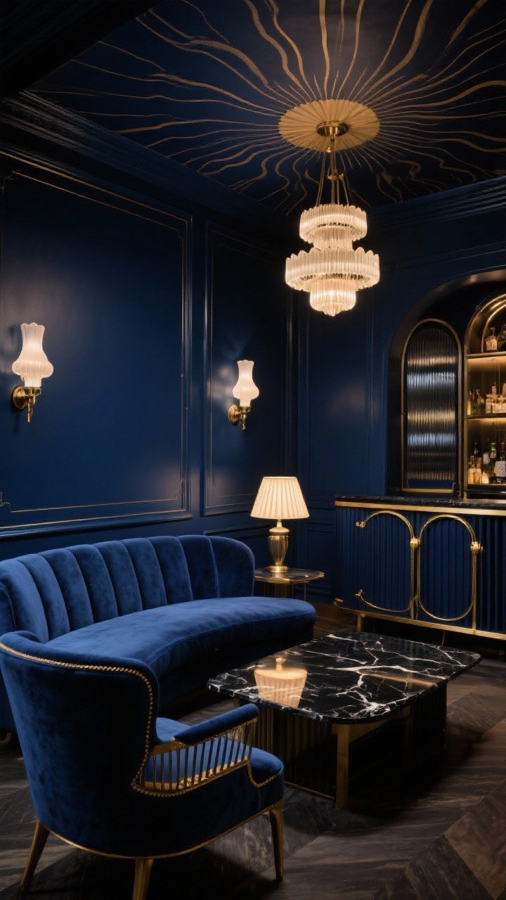 Wide moody lounge shot: Art-Deco Midnight Lounge with inky navy walls, lacquered trim, and possibly a painted ceiling for contrast. Feature a curved midnight-blue velvet sofa, a fan-back accent chair, and a black marble coffee table with brass inlay. Glam speakeasy lighting: opal glass sconces, a tiered chandelier, and a low table lamp with a pleated shade casting warm pools of light. Include a bar cabinet with fluted doors and smoked glass. Patterns and finishes subtly present: scallops, sunbursts, thin pinstripes; black marble, polished brass, velvet. Cinematic, night-time ambiance, photorealistic, no people.