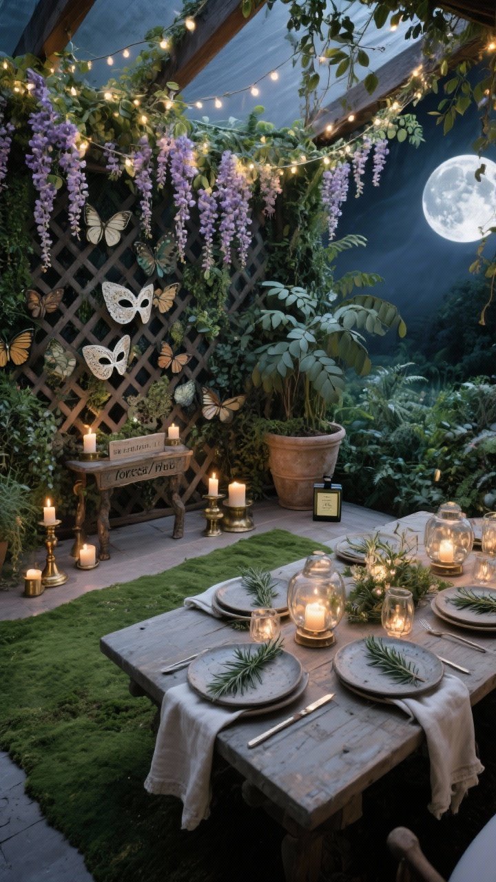 Wide overhead shot: Moonlit Garden Masquerade canopy of fairy lights and faux wisteria draped from beams, tall planters overflowing with eucalyptus and ivy framing a moss-colored rug. Low table set with stoneware plates, linen napkins tied with rosemary sprigs, and flickering glass hurricanes. A lattice screen scattered with butterfly and botanical masks, aged brass candleholders, and a discreet diffuser labeled forest/fig nearby. Photorealistic, cool moonlit ambiance with soft candle glow, greenery and linen textures.