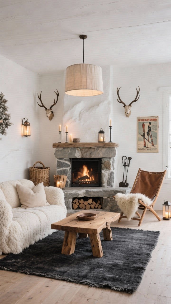 Wide room shot, Alpine Chalet Chic: A photorealistic winter sitting room with warm white subtly plastered walls, a charcoal wool rug, and a solid oak coffee table with chunky legs centered in front of a stone fireplace. A cloud-like cream bouclé sofa with oversized cushions faces the hearth; a leather sling chair draped with a sheepskin throw sits to the side. Antler-inspired sconces (faux) flank the mantel with tall, weathered candlesticks; woven baskets for logs, a vintage ski poster, and iron fireplace tools complete the scene. Lighting is soft and layered: a linen drum pendant overhead and scattered lanterns with LED tapers create a flickering glow. Palette: oatmeal, fawn, smoke, and warm wood. No people, photorealistic, straight-on perspective.