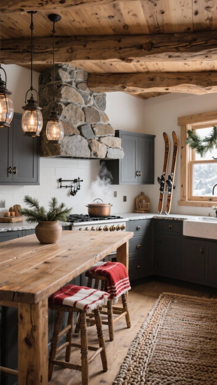 Wide room shot, Alpine Chalet Classic kitchen: knotty pine matte-finish cabinetry, chunky exposed ceiling beams, honed soapstone countertops, a stone-clad range hood, creamy white walls and charcoal accents. Hand-forged iron pulls and latches on cabinets, lantern-style pendants with frosted glass casting warm glow. Ladder-back barstools draped with red-and-cream ski blankets, vintage ski poles mounted above the window, pine boughs in a crock on the counter. A long farmhouse table with a braided wool rug underfoot; subtle steam from a pot on the stove; photorealistic, cozy, natural warm lighting, rustic textures emphasized.