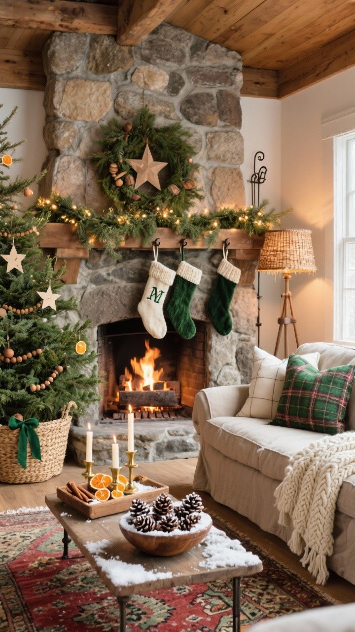 Wide room shot, Hearthside Haven living room: a chunky stone fireplace draped with cedar and juniper garland threaded with warm micro-fairy lights, tucked with cinnamon sticks and dried orange slices; Norway spruce tree in a woven seagrass basket decorated with paper stars, wood beads, and hand-tied forest-green velvet ribbons; palette of moss green, cream, and walnut; slipcovered linen sofa layered with homespun plaid pillows and a cream cable-knit throw; coffee table with a low wood tray holding beeswax tapers in brass holders and a bowl of pinecones dusted with faux snow; chunky knit stockings with embroidered initials hung on vintage iron hooks; faded Persian rug in earthy reds and sage; rattan floor lamp glowing softly; crackling fire as key light, rustic, warm, inviting, photorealistic, straight-on angle.