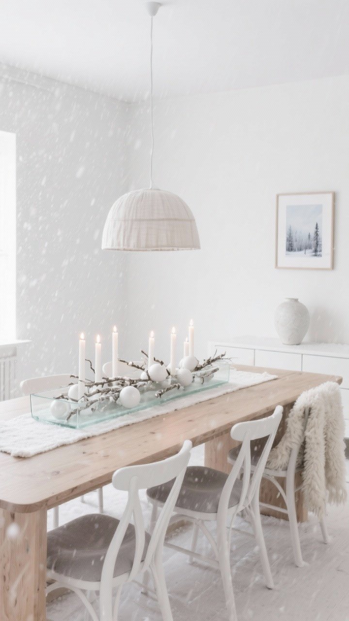 Wide room shot, Nordic Snowfall Minimalist dining room: alabaster white walls, pale oak wide smooth dining table, white wishbone-style chairs with dove gray seat pads, ivory wool runner, sheepskin throws draped over chair backs. Centerpiece: elongated frosted glass trough filled with white birch branches and matte white ornaments, with a low off-center cluster of unscented pillar candles creating subtle glowing asymmetry. Simple linen drum pendant casting soft diffused light. Minimal decor: single framed winter landscape and a white stoneware vase on the sideboard. Photorealistic, calm snowfall mood, restrained palette, no people.