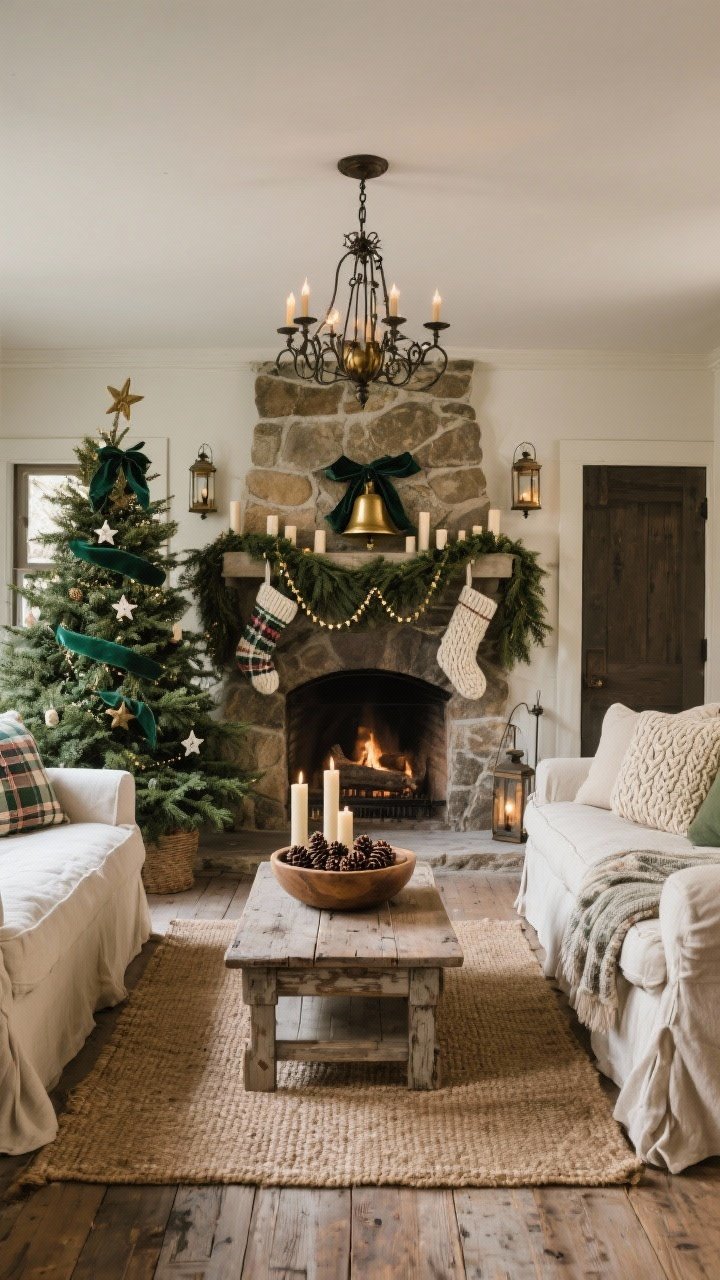 Wide room shot, straight-on view: A classic farmhouse living room centered on a substantial stone fireplace and mantel styled like a storybook, with chunky knit stockings, a lush cedar garland draped low, and a vintage brass bell strand for muted sparkle. Palette of cream, oatmeal, forest green, and antique brass. A distressed wood coffee table holds a wooden dough bowl filled with pinecones and unscented pillar candles atop a flat-weave jute rug on weathered oak floors. A linen slipcovered sofa with layered plaid and cable-knit pillows faces a tall Fraser fir decorated with old-fashioned clip-on candles, velvet ribbon, and ceramic stars. Dim lighting from a wrought-iron chandelier and lanterns by the hearth for a slow, soulful, postcard feel. Photorealistic, no people.