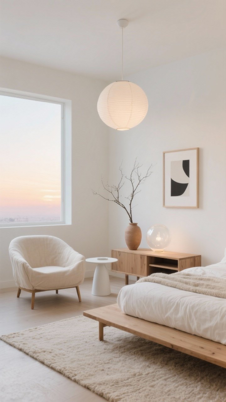Wide shot: A serene Soft Dawn Minimalism living/bedroom hybrid at sunrise with warm white cream-tinted walls, a pale oatmeal rug, and a low-profile oak platform sofa bed with clean lines. Include one oversized bone-colored linen slipcovered chair, a matte white pedestal side table, and a slim natural wood console with hidden storage. Lighting is key: a frosted glass globe lamp casting a soft glow and a paper lantern pendant overhead like a winter moon. Accents are minimal—single bare branch in a clay vase and framed negative-space prints. Textures: linen, wool, matte ceramic. Mood: bright, calm, hopeful. No people, photorealistic.