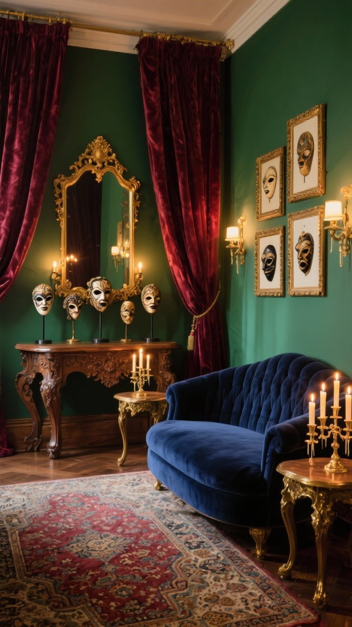 Wide shot: A Velvet Venetian Salon bathed in warm candlelight—emerald-painted walls with heavy burgundy velvet drapes, a vintage gilded mirror catching flickering light, and a low curved midnight blue velvet sofa anchoring the scene. A carved wood console displays ornate masks on stands beneath a cluster of framed antique-style mask prints. Plush Persian-style rug underfoot, gold candelabras with dripping taper candles on side tables, dim wall sconces adding a soft glow. Photorealistic, corner angle, rich velvet, carved wood, burnished antique gold accents.