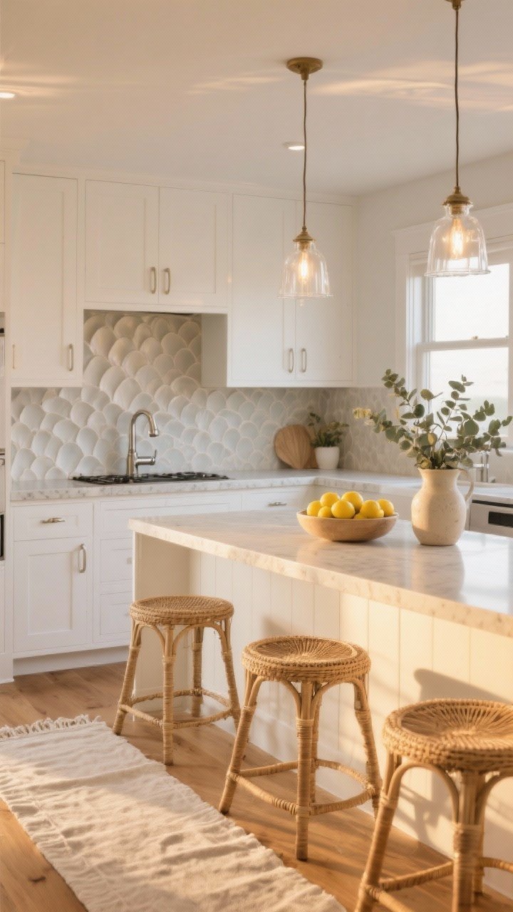 Wide shot, coastal-inspired kitchen at golden hour: soft white cabinetry, sand-colored quartz countertops, pale greige ripple-texture backsplash like seashells, white oak floors, brushed nickel hardware, polished nickel faucet, rattan bar stools at the island, a linen runner on the floor, clear glass pendants with warm filament glow, décor styled with a bowl of lemons, a ceramic pitcher, and a sprig of eucalyptus; sunlit, calm, breezy, photorealistic, no people.