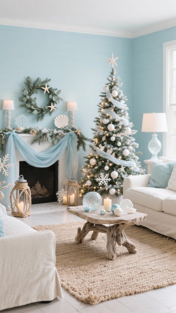 Wide shot, Coastal Snowfall Living Room: A breezy living room with sea-glass blue walls, a creamy linen sofa, and a chunky jute rug anchored by a driftwood coffee table. A slender pencil fir Christmas tree wrapped in white twinkle lights is decorated with pearl ornaments, frosted shells, and soft dusty blue chiffon ribbon. The mantel is draped with eucalyptus and faux sea pine garlands with tiny starfish tucked in; rope-wrapped lanterns sit nearby. Accents include frosted glass baubles and capiz shell snowflakes. Milky glass lamps with warm bulbs cast a candlelit glow. Palette: sea-glass blue, ivory, sandy beige, pearly white. Mood: calm, salty, quietly festive. No people, photorealistic, corner angle.