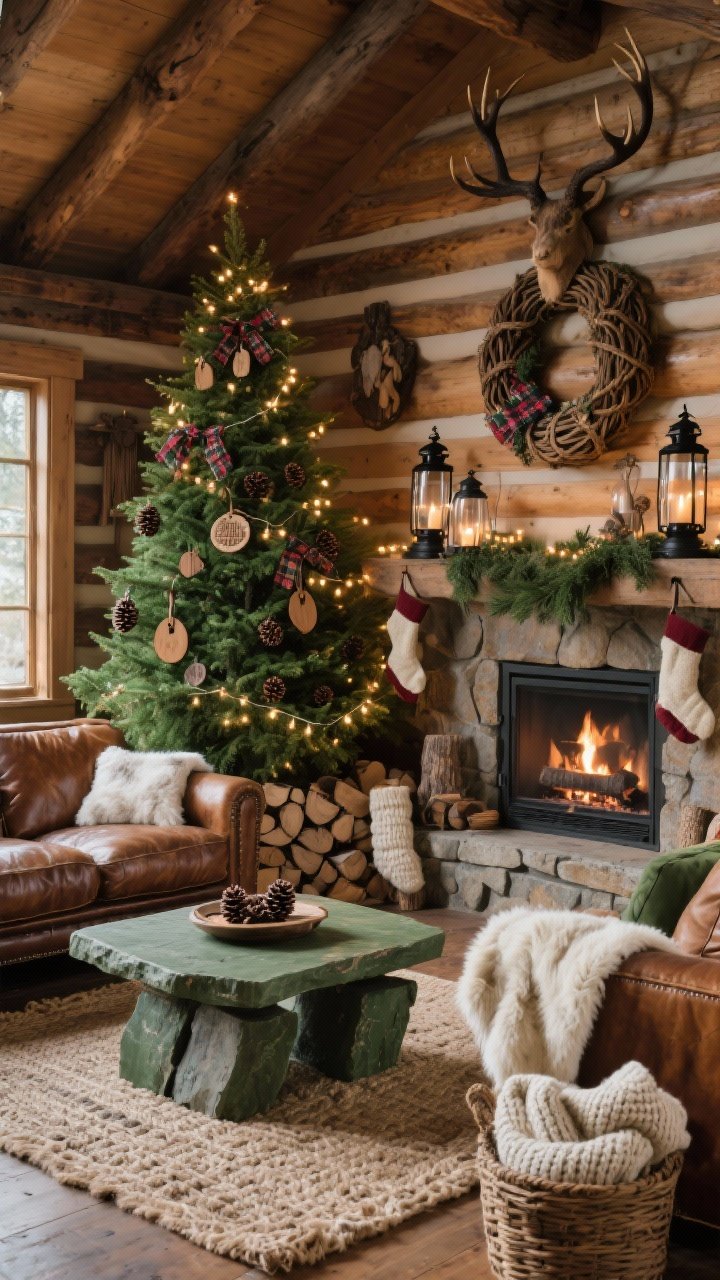 Wide shot, cozy corner angle: A refined rustic cabin living room with a real-looking green tree strung with warm micro-lights, decorated with wooden ornaments, pinecones, leather tags, and plaid ribbons, anchored by a woven tree collar. A distressed leather sofa sits opposite a stone-topped coffee table over a chunky jute rug layered with a faux fur throw. The mantel is styled with cedar garland, black iron lanterns, and a few antler accents (faux or vintage). Lanterns and string lights under glass cloches add warmth, with a crackling fireplace if visible. Finishing touches: stacked firewood, wool stockings, and a basket of knit blankets. Palette: cognac, forest green, cream, iron.