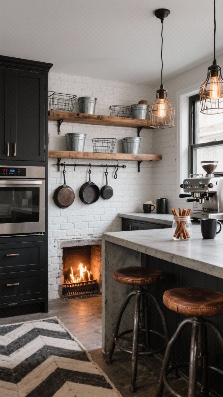 Wide shot, Industrial Hearth & Steel kitchen: matte black lower cabinets, stained concrete counters, white brick backsplash for contrast; freestanding electric “stove” heater glowing warmly in a corner/faux hearth; rail of iron hooks displaying cast iron pans; raw wood open shelves with galvanized metal bins and wire baskets; caged pendants with warm Edison bulbs overhead; charcoal herringbone runner on the floor, leather stool seats at an island; styled coffee bar with stainless espresso machine, matte mugs, clear jar of cinnamon sticks; rugged yet cozy, photorealistic.
