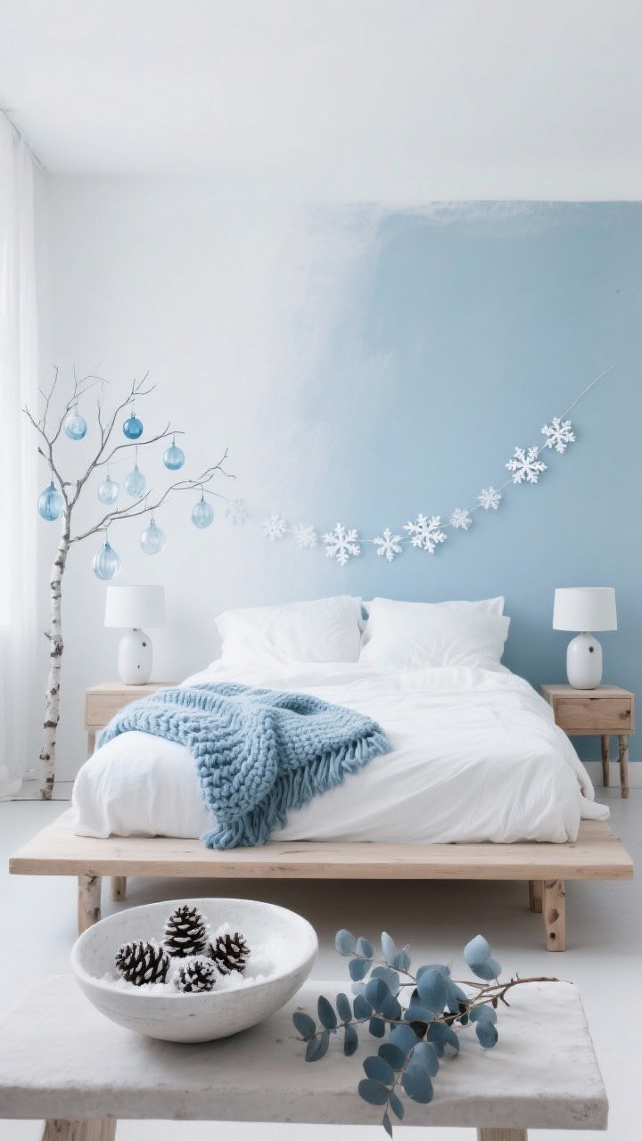 Wide shot, Nordic Ice Minimalist Bedroom: An airy, minimalist bedroom washed in cool white with a single icy blue accent wall. A low oak platform bed is dressed in crisp white linen with a chunky knit throw in glacier blue. Simple birch nightstands hold matte white ceramic lamps. A delicate metal tree sculpture displays frosted glass ornaments in varying blues; a garland of paper snowflakes drifts over the headboard. A low, broad bowl on a bench contains white-dusted pinecones and blue-gray eucalyptus. Textures: nubby wool, linen, frosted glass, smooth ceramic. Lighting: soft, diffuse, serene. Photorealistic, straight-on.