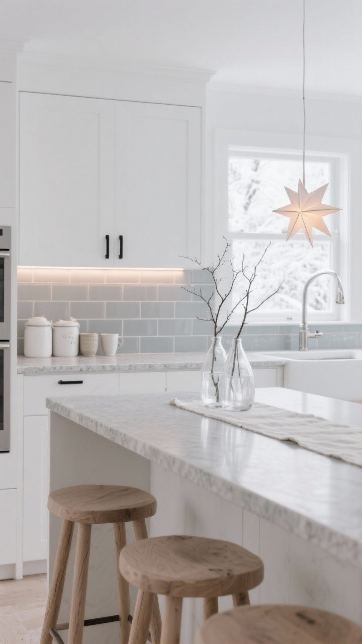 Wide shot, Nordic Snowfall Minimalism kitchen: matte white cabinets with slimline LED under-cabinet strips casting a soft glow, soft gray quartz counters, pale white oak stools at a long island with a narrow linen runner; sparse styling with frosted glass vases holding bare branches, a single paper star lantern glowing in the window; elongated chalky gray subway tile backsplash, simple matte black pulls, brushed nickel details; open shelf with white ceramic canisters and pale stoneware mugs; clean, crisp winter light, uncluttered composition, photorealistic.