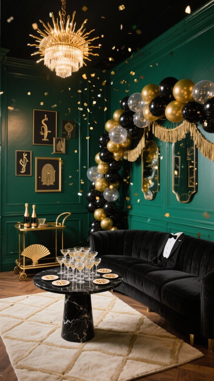 Wide shot, photorealistic: An Art Deco Champagne Lounge with deep emerald walls and high-gloss trim, a curved tuxedo-black velvet sofa, a sculptural brass bar cart shimmering under low lighting, and a smoked mirror gallery wall. A dramatic sunburst chandelier glows overhead, illuminating a plush cream geometric rug and a black marble pedestal table piled with coupe glasses. Fan-motif coasters, Art Deco prints, and metallic tasseled garland accent the scene. A floor-to-ceiling balloon arch in black, gold, and clear confetti frames one corner; jazz ambiance with moody, dim light and reflective brass and lacquer textures.