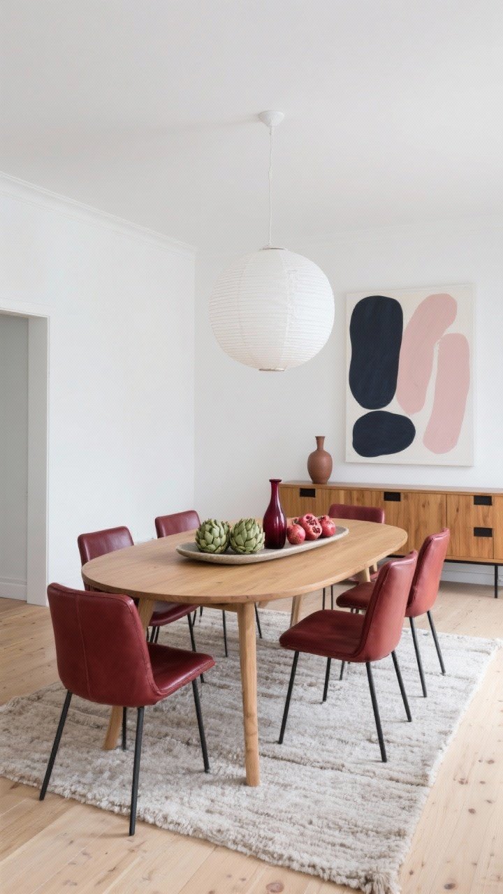 Wide shot, Scandinavian dining room: pale oak floors, crisp white walls, simple oval oak dining table surrounded by eight burgundy leather dining chairs with slender black metal legs; sculptural white paper lantern hanging overhead; tabletop styled with a long stoneware tray holding artichokes, pomegranates, and a burgundy glass carafe as a tonal centerpiece; oversized abstract print in charcoal and blush with a hint of wine tone on the wall; flatweave wool rug in light taupe; floating oak credenza with matte black pulls, topped with a single ceramic vase in oxblood; airy, minimal, fresh mood; photorealistic, straight-on view.