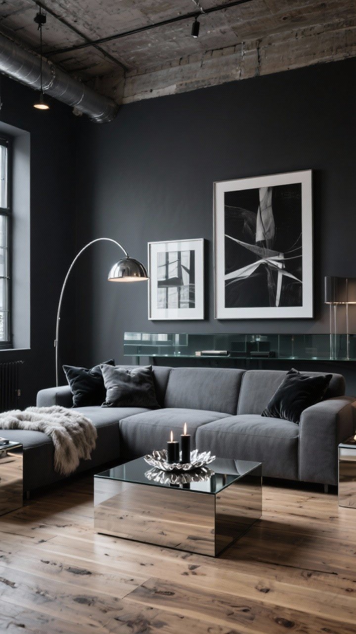 Wide shot, Sleek City Loft living room: charcoal walls, low-profile graphite sectional on wide-plank driftwood-stained oak floors; brushed stainless square-edged coffee table centered, mirror-finished side tables flanking the sofa, a sculptural chrome arc floor lamp sweeping over the seating; smoky glass media console beneath abstract black-and-white art in thin silver frames; velvet throw pillows and a mohair blanket add texture; on the coffee table, a silver-leaf tray with black candles; moody urban lighting with soft reflections on glass and metal, no people, photorealistic.