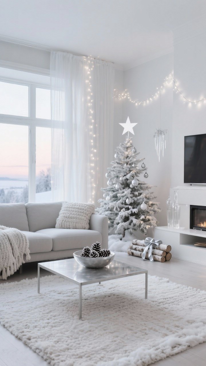 Wide shot: Sleek Nordic Silver Living Room at dawn, soft white and pale gray palette, clean-lined oatmeal/cloud-gray sofa with chunky knit throws, brushed nickel coffee table on a pale woven rug, low wide bowl of silver-tipped pinecones, slim pre-lit flocked tree with matte silver ornaments, white paper stars, clear glass icicles, warm white fairy lights draped behind gauzy curtains for a soft glow, birch log bundle tied with silver ribbon by the fireplace/TV console, snow-dusted calm mood, photorealistic, no people.