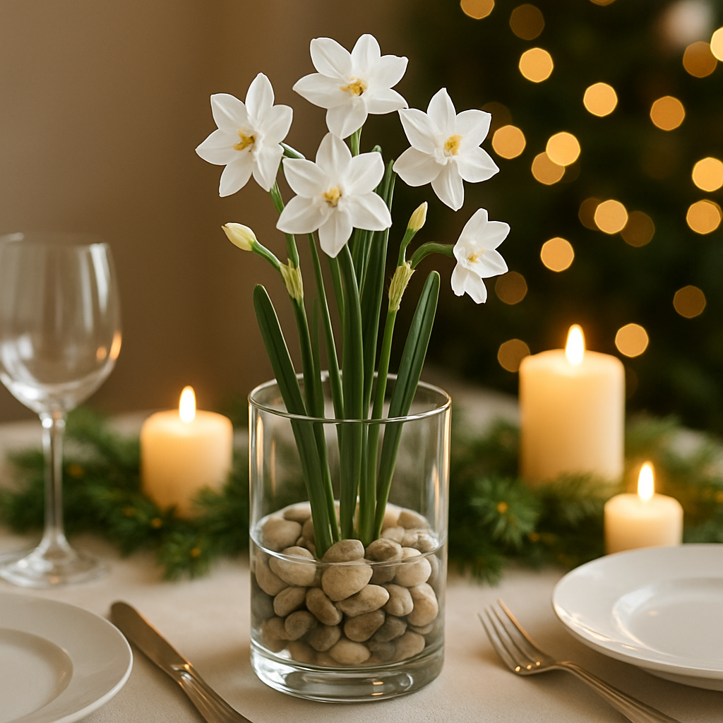 A clear vase with Paperwhite Narcissus flowers, pebbles at the bottom, surrounded by candles and a festive table setting.