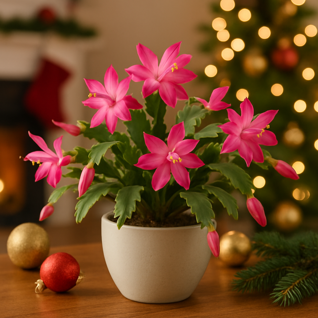 A Christmas cactus with vibrant pink flowers in a pot, surrounded by festive decorations and a Christmas tree in the background.