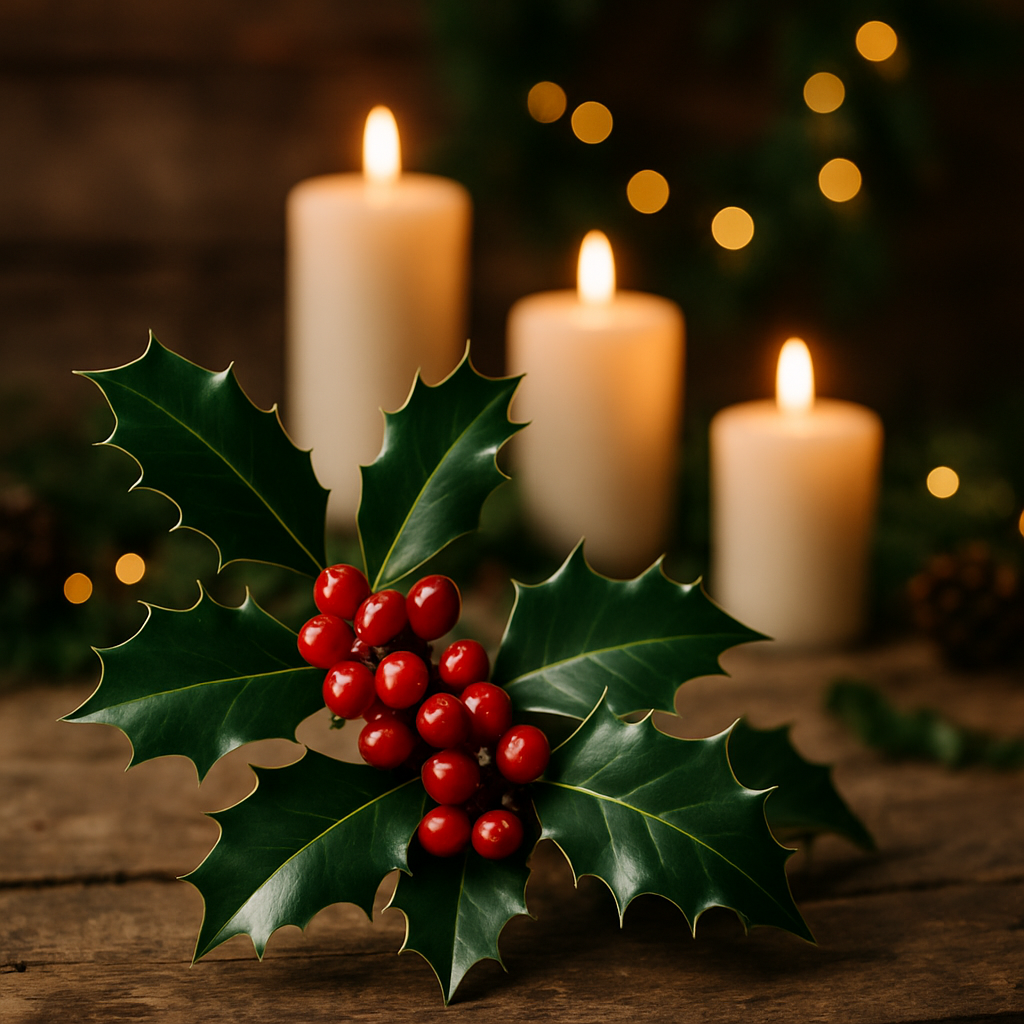 A sprig of holly with red berries on a wooden table, with candles glowing softly in the background.