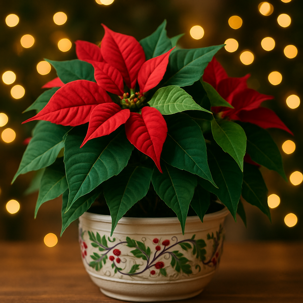 A vibrant poinsettia plant with red leaves and green foliage in a decorative pot, set against a backdrop of soft glowing lights.