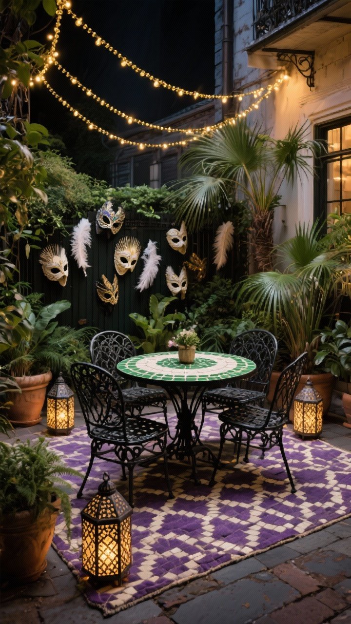Corner-angle wide patio view: French Quarter courtyard setting with wrought-iron café chairs and a round mosaic tile table surrounded by potted palms; bistro lights strung overhead with gold bead strands swagged between for subtle shimmer; Moroccan-style lanterns on the ground casting warm patterned light; feathered mask clusters tucked into lush greenery; outdoor rug in purple-and-cream geometric pattern; color palette black iron, jungle green, soft gold; textures of weathered metal and mosaic tile; intimate, moody nighttime vibe, photorealistic.