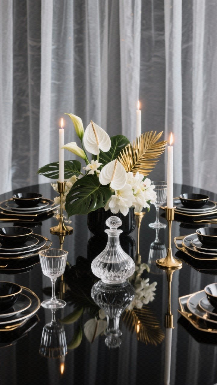 Detail closeup, Art-Deco Noir: tabletop focus on mirror trays lining a black lacquer dining table, doubling warm candlelight from sleek brass taper holders; reflections of smoke-gray sheer backdrop panels and a central fan-shaped floral arrangement of white anthurium, calla lilies, monstera leaves, and gold-painted palm fronds; deco glassware, black-edged dinnerware, and a single crystal decanter as sculptural accent; palette black, white, smoke gray, gold; crisp, glossy surfaces with high contrast and sharp geometry; photorealistic, low-angle closeup emphasizing reflections and metallic shine; no people.