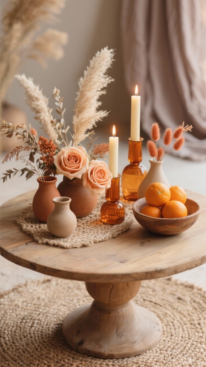 Detail closeup, Boho Desert Sanctuary: tabletop vignette on a round wood pedestal table over a nubby jute rug; amber glass candle holders with cream taper candles casting an amber sunset glow; dried florals—pampas grass plumes, bleached ruscus, terracotta bunny tails—intermixed with apricot garden roses; ceramic bud vases in matte desert tones; a low bowl of clementines adding citrus pop; soft taupe chiffon backdrop hinted in bokeh behind; palette of caramel, sand, terracotta, cream; photorealistic macro texture emphasis on woven, matte ceramic, and feathered pampas; no people, shallow depth of field.