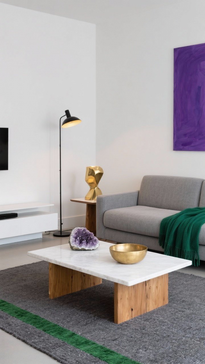 Detail/closeup, Contemporary Minimalist Studio: A precise, gallery-like composition showing a white oak platform coffee table in front of a low-profile gray sectional. On the wall, one oversized purple art print; on the sofa, a single emerald throw; on a side table, a gold sculptural lamp. The flat-weave graphite rug with a single green stripe peeks into frame. A floating white media console holds only an amethyst geode and a gold bowl. Lighting from a slim black floor lamp with a gold interior shade adds a warm, focused glow. Angle: tight, minimal closeup emphasizing clean lines, negative space, and color blocks.