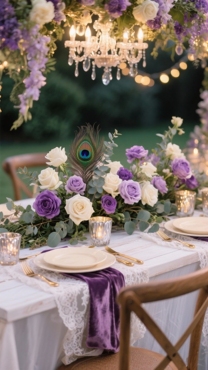 Detail closeup, Garden Masquerade Chic tabletop: white or natural wood table surface with lace and linen layers, velvet ribbon accents; lush florals in purple and cream—white roses and purple ranunculus—woven into a eucalyptus garland centerpiece with tucked-in peacock feathers; brushed gold flatware beside cream plates, mercury glass votives flickering; edge of a cross-back wooden chair with a tied chiffon sash visible; soft string lights bokeh above suggesting a floral chandelier; sage, lavender, cream, and soft gold palette; romantic, ethereal evening glow, photorealistic.
