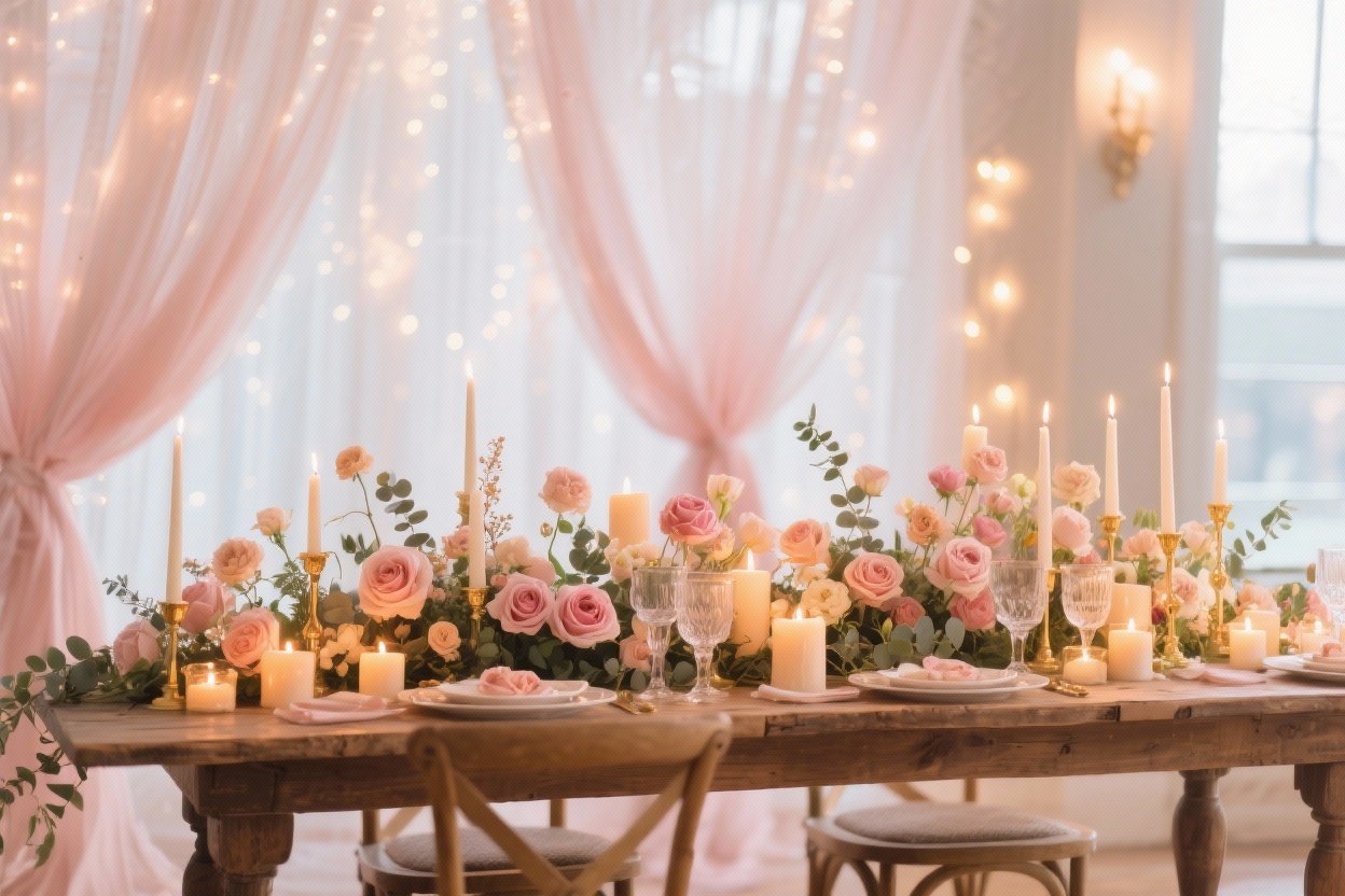 Candle-lit Valentine’s Dinner Backdrop With Sheer Fabric and Florals: 7 Dreamy Designs