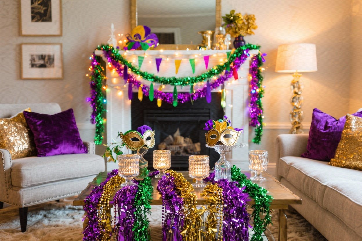 Diy Mardi Gras Party Decor Using Beads, Tinsel, and Led Lights That Wow