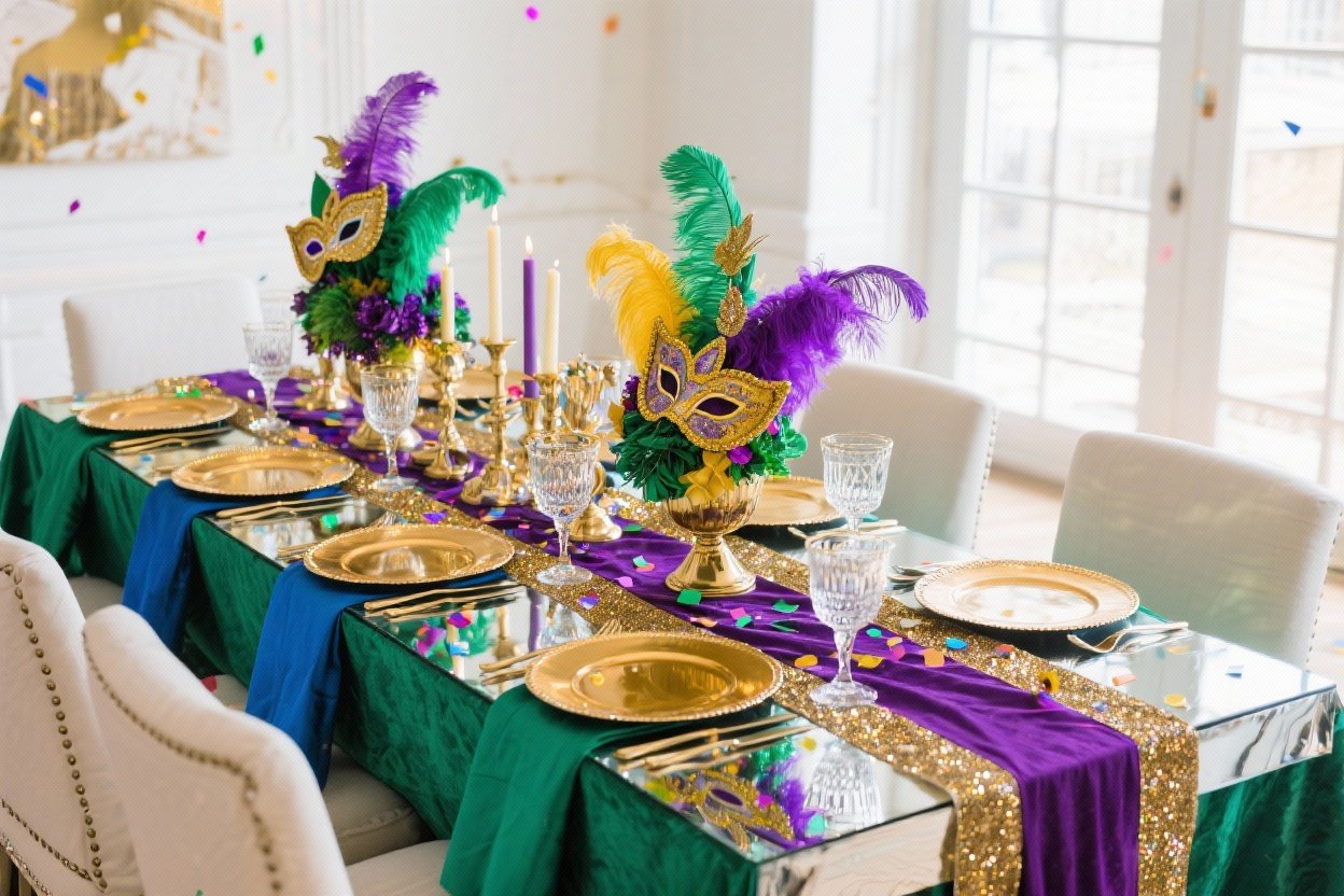 Elegant Mardi Gras Table Decor With Metallic Accents and Carnival Centerpieces: 7 Irresistible Ideas