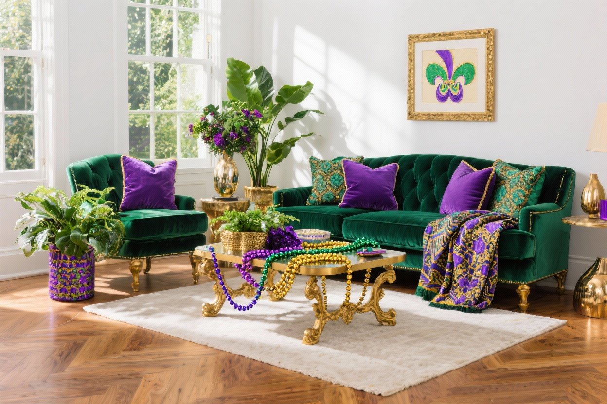 Mardi Gras Living Room Decor Ideas Using Purple, Green, and Gold Layers You’ll Love