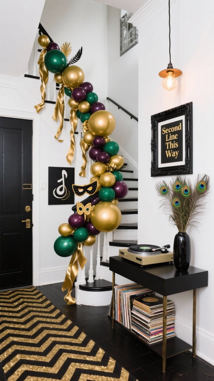 Medium angle from the stairs, Jazz Club Entryway with Staircase Swag: Crisp white-walled entryway with a statement black-framed mirror and a narrow console holding a record player spinning jazz with a stack of vinyl; a full-bodied balloon garland swirling down the banister, mixing jumbo gold spheres with rich grape and emerald in varying sizes; satin ribbon tails, feather picks, and tiny mask cutouts for theatrical flair; black-and-gold chevron patterned runner on the stairs; tall vase of peacock feathers near the console; warm Edison-bulb pendant lighting; framed “Second Line This Way” print by the door; photorealistic, no people.
