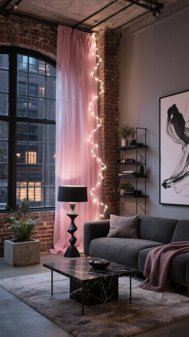 Medium corner angle: Modern loft living area with exposed brick and steel-framed windows, sheer pink draping swagged from a ceiling-mounted rod falling behind a low charcoal sectional. Warm white fairy light strands zigzag across the drapery, glowing against industrial textures. A black marble coffee table and sculptural floor lamp anchor the scene; include matte black accents, steel shelving, oversized abstract art, concrete planters, and a cashmere throw. Moody romantic city-night vibe; photorealistic, no people.