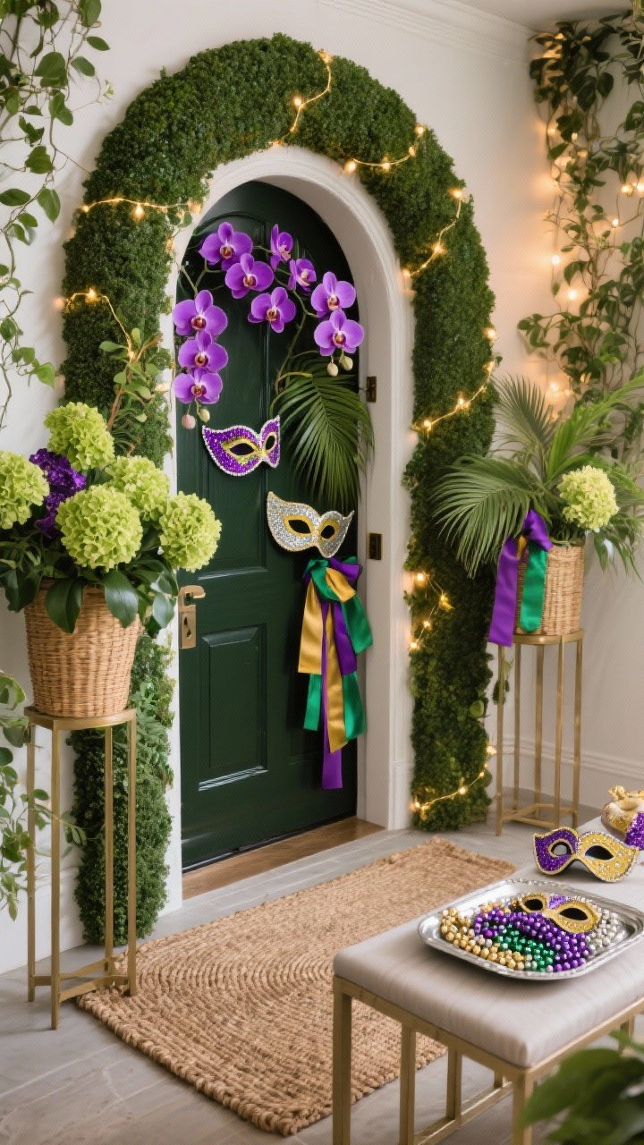 Medium, corner-angle shot of a secret-garden entry: faux boxwood arch over the door with tucked clusters of purple orchids, lime hydrangeas, palm fronds, and a few oversized glitter-edged masquerade masks peeking through; plant stands flanking the door topped with trailing ivy tied with silk ribbons in Mardi Gras hues; woven jute rug underfoot; a slim console bench holding a silver tray piled with beads and small handheld masks; subtle warm string lights woven within greenery for evening sparkle, verdant greens, orchid purple, citron, soft gold, foliage and rattan textures, photorealistic.