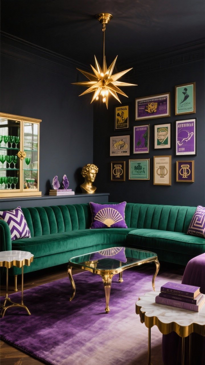 Medium shot, Art-Deco Cocktail Den: A moody den with charcoal walls and a curved emerald sofa featuring channel tufting. A gold-trimmed glass coffee table sparkles over a purple ombré rug. Overhead, a burnished brass starburst chandelier adds gleam. Deco-style side tables with scalloped edges flank the sofa. On the wall, a tight gallery of framed vintage posters in violet and jade tones. Accents include throw pillows with fan motifs, zigzags, and Greek keys; a gold ceramic bust; and purple agate bookends on a console. A mirrored bar cabinet with gold hardware displays green glass stemware. Angle: three-quarter room view from corner, evening lighting with chandelier as primary glow and reflective highlights.
