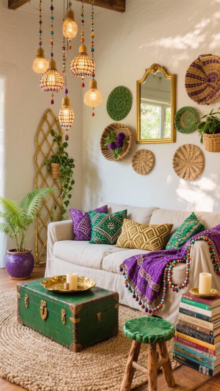 Medium shot, Boho Beaded Bungalow: A cozy vignette with a neutral linen slipcovered sofa layered with global-print pillows—purple ikat, green suzani, and gold block prints. A woven jute rug grounds the space, with a green vintage trunk serving as a coffee table. A purple kantha quilt is draped casually over the sofa arm. Overhead cluster of beaded pendants at staggered heights glows warmly. On the wall, a gold-framed mirror is surrounded by woven baskets in layered greens and plums. Plants include a floor fern in a ceramic purple pot and a pothos climbing a gold trellis. Mismatched wood stools with green-glazed tops act as side tables. Bead garlands drape across stacked art books beside a carved gold tray of candles. Angle: corner perspective, late-afternoon natural light plus pendant glow.