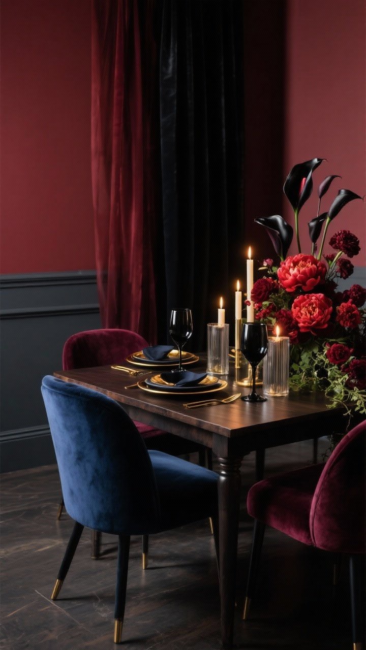 Medium shot, Moody Velvet Glam: dark wood dining table with plush velvet chairs in midnight blue/merlot against a single oxblood/charcoal painted wall; garnet-hued sheer chiffon layered over black voile as a sultry backdrop; cascading side floral arrangement of red peonies, black calla lilies, burgundy ranunculus, trailing ivy; smoky glass candle cylinders with glowing pillar candles for cinematic flicker; gold-rimmed coupe glasses and black flatware on the table; palette of oxblood, charcoal, merlot, midnight blue with gold accents; moody low light, photorealistic, angled view emphasizing depth and sheen; no people.