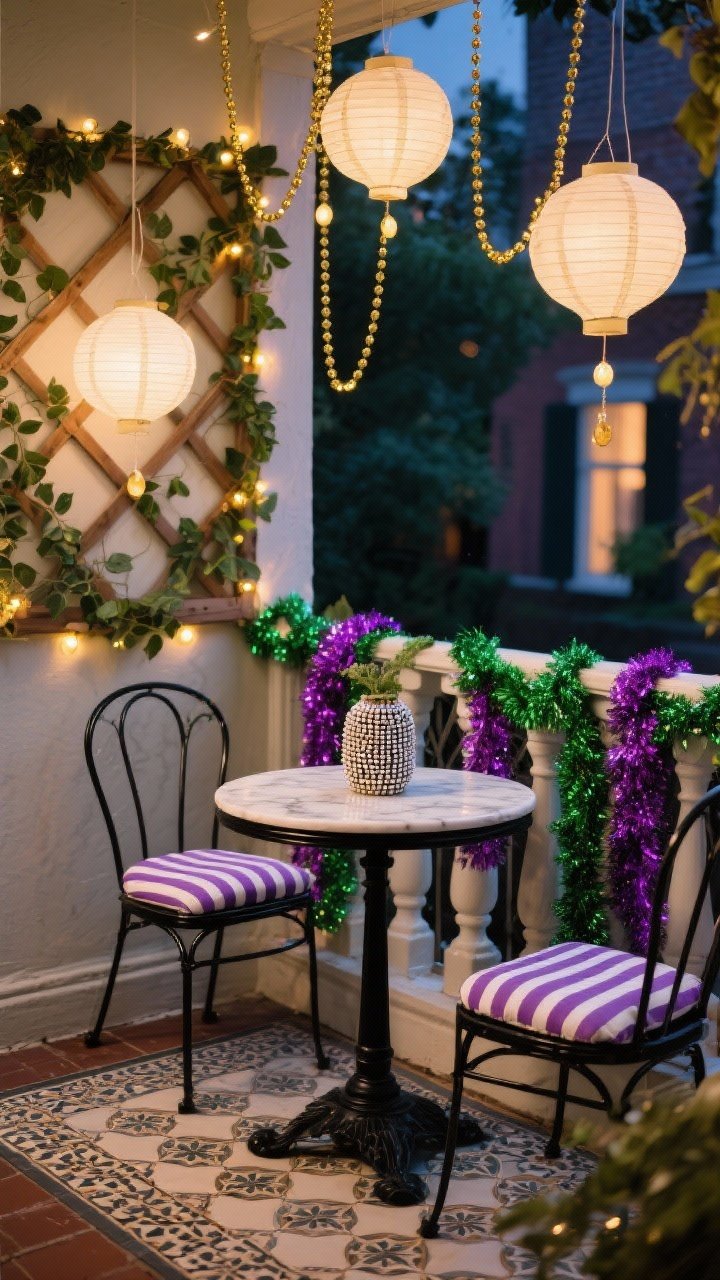 Medium shot of a French Quarter courtyard-inspired nook: black bistro table with a small marble top featuring a bead-wrapped vase, metal bistro chairs with purple-and-white striped cushions, patterned tile-look rug underfoot. Balcony rail or curtain rod wrapped with green and purple tinsel; overhead paper lanterns fitted with LED puck lights, with gold bead strands woven between them. A DIY trellis backdrop with ivy garlands threaded with micro-LEDs provides a leafy frame. Breezy, festive evening ambiance, photographed at a slight corner angle.