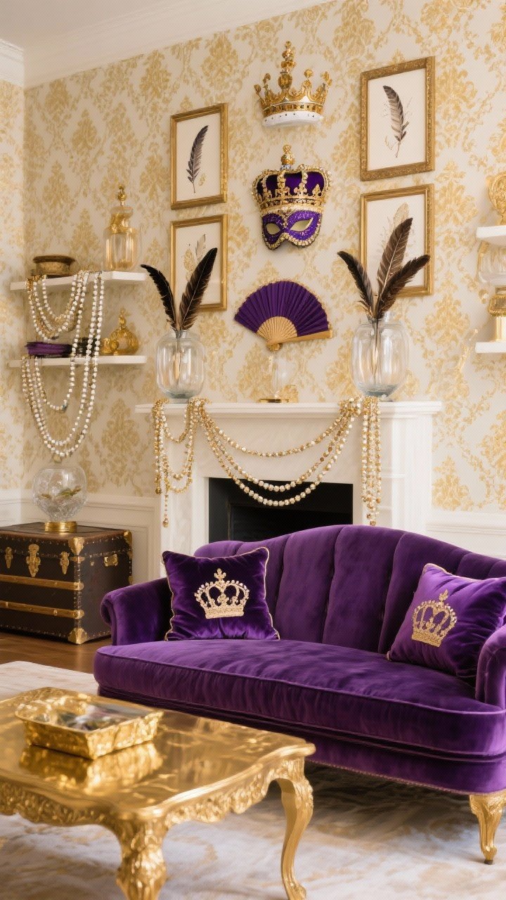 Medium shot of a regal parlor: Royal purple velvet settee facing a gold-leaf coffee table on cream-and-gold damask wallpaper backdrop; above the mantle, a crown wall composed of framed crown illustrations centered around an ornate mask; feather fans arranged in glass hurricane vases; layered bead garlands draped ceremonially along shelves; vintage trunk used as a side table; velvet pillows embroidered with crown motifs; color palette purple, cream, gold; textures of gold leaf, glass, satin; soft, refined lighting, photorealistic.