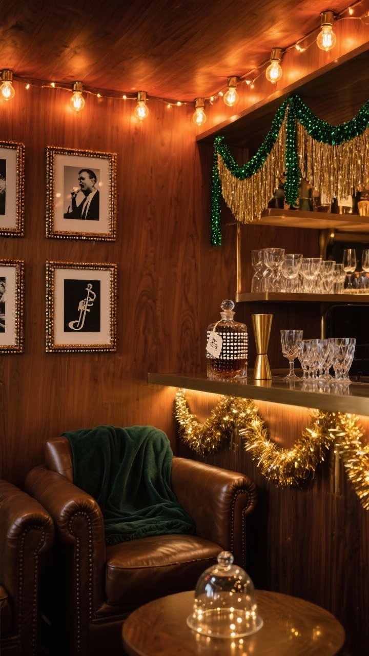 Medium shot of a speakeasy jazz den with warm wood and brass accents: amber LED Edison bulbs strung along the ceiling and around a bar shelf, leather armchairs with dark green throws, framed black-and-white jazz prints with bead-trimmed edges on the wall. The bar or console front is adorned with layered gold and emerald beaded fringe garlands. On the counter: cut crystal barware, a brass shaker, and a decanter with a bead-wrapped tag. Thin tinsel placed inside glass cloches with subtle fairy lights for sparkle. Intimate, sultry mood, photographed straight-on.