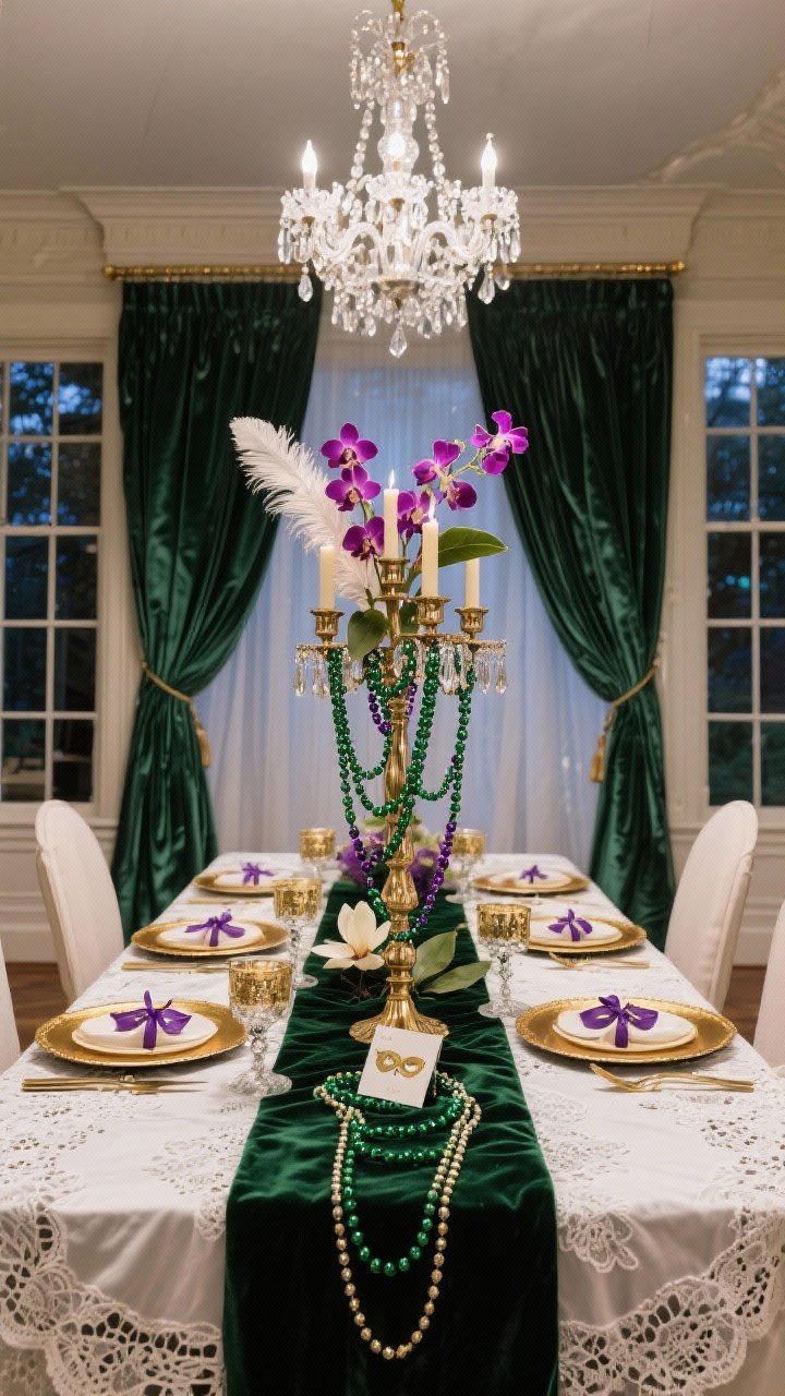 Medium shot, straight-on dining table scene: A Garden District glam dining room featuring a white lace tablecloth layered over a deep green velvet runner; each setting has a gold charger and masked place cards tied with mini bead strands; towering candelabra centerpiece wrapped with purple and green beads, feather plumes, orchids, and magnolia leaves; crystal chandelier sparkling overhead; floor-length satin curtains puddling slightly at the windows; color palette white, deep green, gold with purple accents; textures of lace, satin, crystal; elegant evening ambiance, photorealistic.