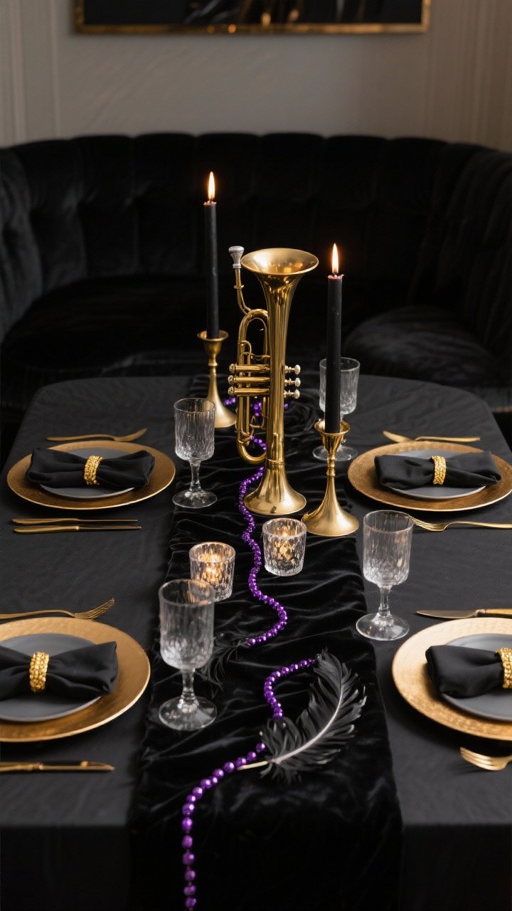 Medium shot, straight-on view: An elegant Mardi Gras dining table styled as a velvet-lined jazz lounge. Matte black linen tablecloth with a slim black velvet runner, brushed gold chargers under charcoal plates, gold flatware, black linen napkins with gold napkin rings, smoke-gray glassware and mercury glass votives. Centerpiece built around a vintage-style brass trumpet, flanked by taper candles in black and gold holders. Amethyst glass beads sprinkled along the runner and a few polished black feathers near the centerpiece. Moody, low candlelight with subtle reflections, color palette of black, gold, and amethyst, photorealistic.