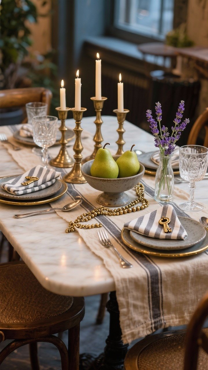 Medium shot, three-quarter angle: A cozy French Quarter bistro table with a natural linen cloth and a thin cream-and-soft-charcoal striped runner. Centerpiece grouping of aged brass candlesticks, a footed bowl of green pears, and small glass bud vases with lavender sprigs. Antique brass chains and beads draped casually at the base for subtle sparkle. Stoneware plates, vintage-look silver flatware, etched wine glasses, and brass chargers or brass-rimmed plates. Striped napkins folded into café-style triangles, each tucked with a tiny brass key charm. Soft ambient evening light, relaxed romantic mood, photorealistic.