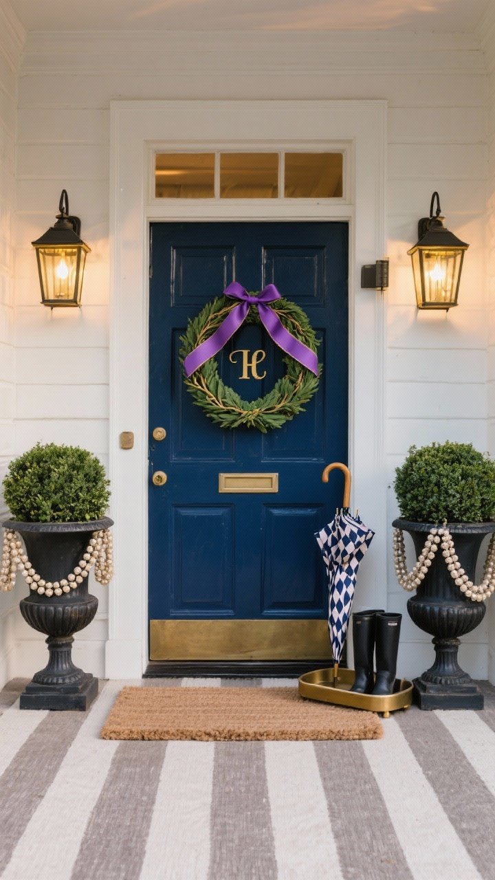 Medium, straight-on, timeless entry: heritage-painted door (navy) with a symmetrical laurel wreath featuring subtle purple-and-gold ribbon tails; two cast-iron urns with structured boxwoods and small tone-on-tone beaded swags around the rims; layered monogrammed coir mat over a neutral striped rug; brass boot scraper and a tidy umbrella stand holding a Harlequin-patterned umbrella; paired black carriage lanterns with gold bulb cages, palette of navy, cream, forest green, restrained gold; iron, linen ribbon, coir textures; soft evening illumination, photorealistic.