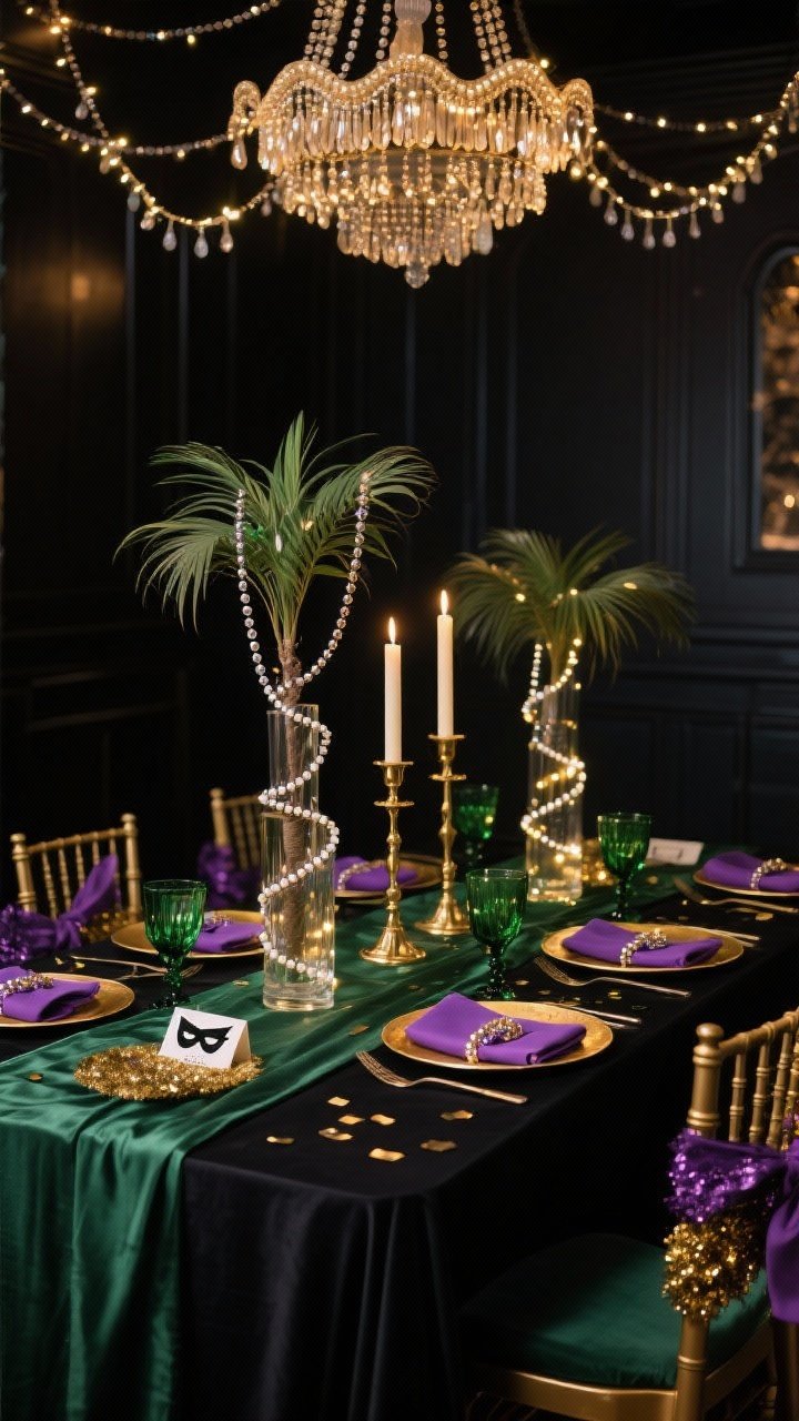 Medium-to-wide dining room shot with dramatic cathedral glow: black or deep purple tablecloth with a green satin runner, tall gold candlestick-style LED tapers, and glass vases holding faux palm fronds wrapped in twisted bead garlands with micro-LEDs tucked inside for a soft inner glow. Chairs have tinsel sashes tied in loose bows. Overhead, fairy lights draped in scallops with bead strands cascading like a chandelier. Place settings: gold chargers, purple napkins with bead rings, emerald glassware; subtle metallic confetti and tiny mask-sticker name cards. Photorealistic, straight-on, dimmed ambience that shimmers.