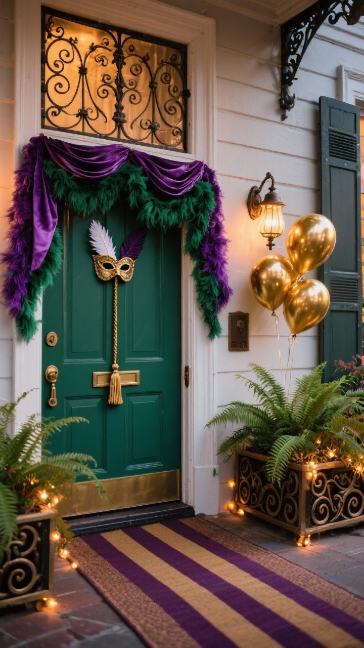 Medium-wide, low-angle shot channeling French Quarter ironwork: faux ironwork panel installed above the door, draped with deep purple and emerald feather boas; a subtle cluster of gold foil balloons tucked into one corner; scrollwork planters lining the entry filled with lush ferns and tiny warm fairy lights; a rich striped runner guiding to the door; wall-mounted bell pull with tasseled cords near the frame; a feathered mask perched on the door handle; emerald, mulberry, antique gold palette; iron scrolls, feathers, satin tassels textures; warm evening ambiance, photorealistic.