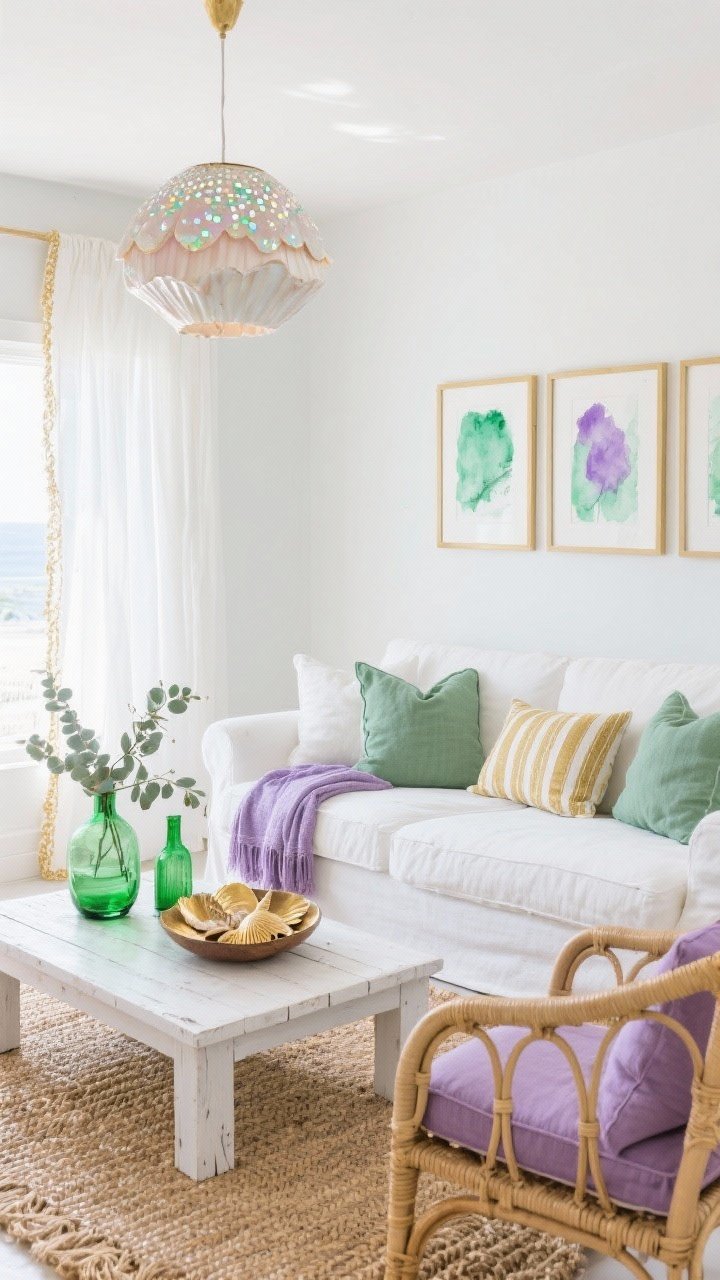 Medium-wide shot, Coastal Carnival Retreat: A bright, airy living room with soft white walls, a slipcovered white sofa layered with sage green linen pillows, lavender throws, and one gold-threaded stripe cushion. A natural seagrass rug and whitewashed wood coffee table emphasize beachy texture. A rattan accent chair holds a purple cushion. Overhead hangs a capiz shell pendant that sparkles like confetti. Art on the walls: watercolor prints in green and lilac with slim gold frames. Decor includes green glass vases with eucalyptus and a bowl of gold seashells. Sheer white drapes with a faint gold hem filter sunlight. Angle: straight-on with abundant natural daylight, crisp and breezy mood.