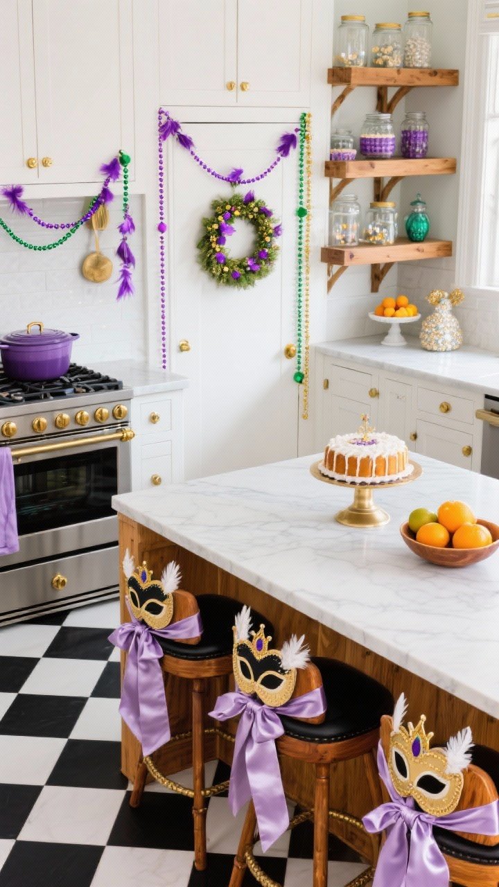 Overhead detail shot of kitchen styling: Black-and-white checkerboard floor partially visible; open wood shelves draped with mini feather garlands; bead strands tucked around jars and cake stands creating playful shine; near the island, bar stools fitted with mask-backed chair covers tied with satin ribbons and small feather sprays; on the stove, a purple Dutch oven; cabinets with gold hardware; a beaded wreath on the pantry door in frame; bowl of citrus and a king cake on a pedestal; color palette black, white, natural wood with purple/green/gold pops; textures satin ribbons and natural wood; bright, celebratory lighting, photorealistic.